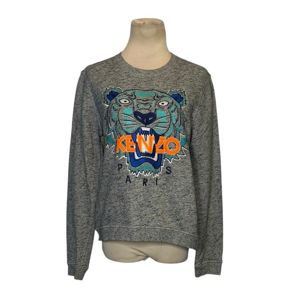 KENZO Grey Blue Tiger Logo Embroidery Crew Neck Sweatshirt Size Large